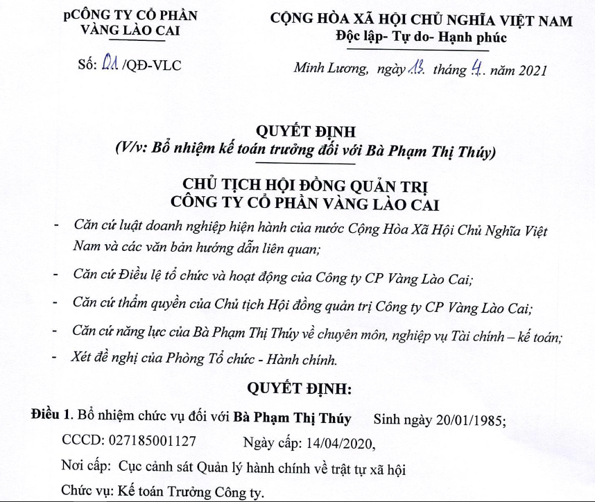 QĐ bổ nhiệm KTT Phạm Thị Thúy